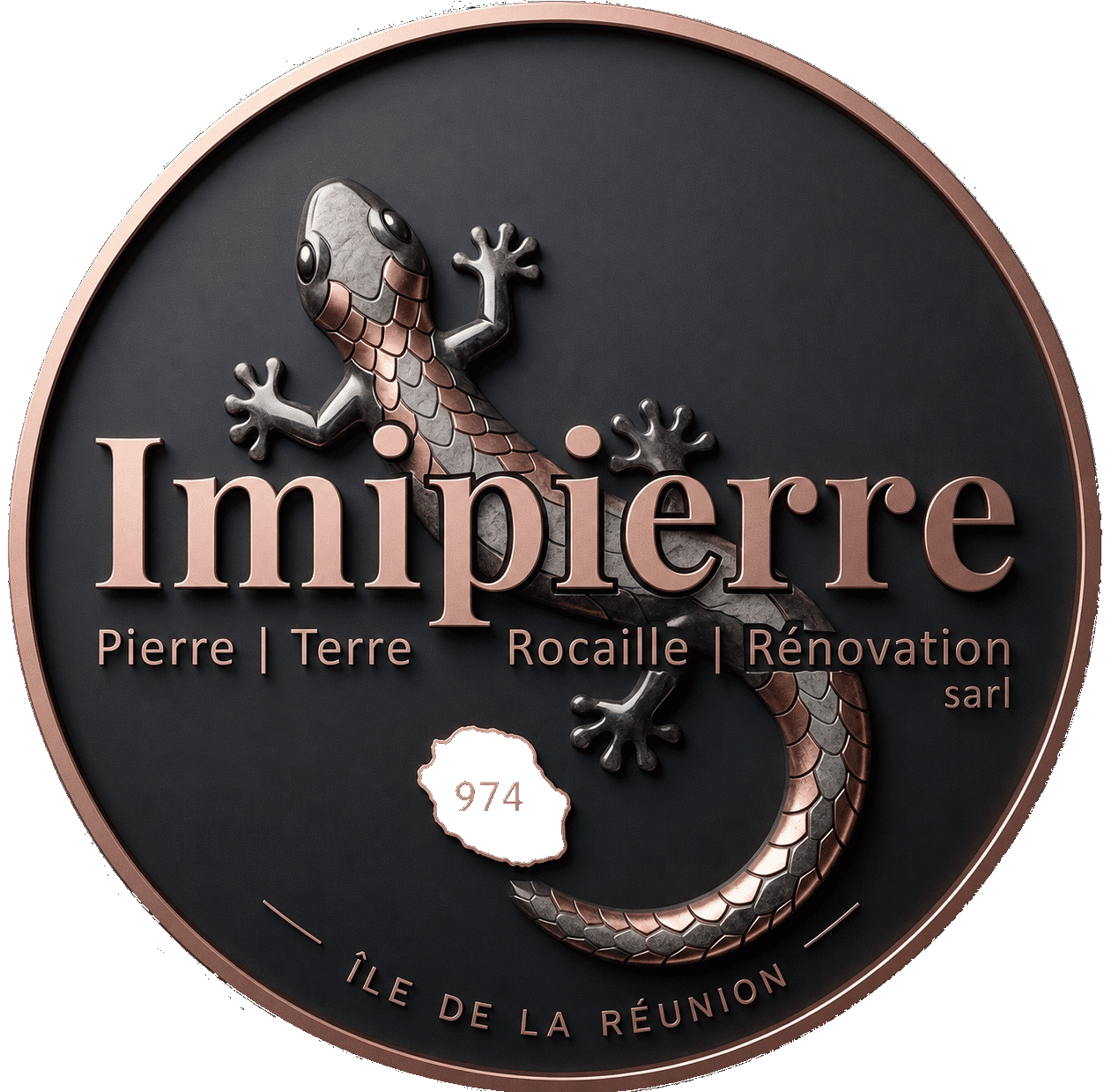 Logo imipierre pour l'ile de La Réunion écrit en toute lettre accompagné de la silhouette de l'ile et du numéro de département 974
