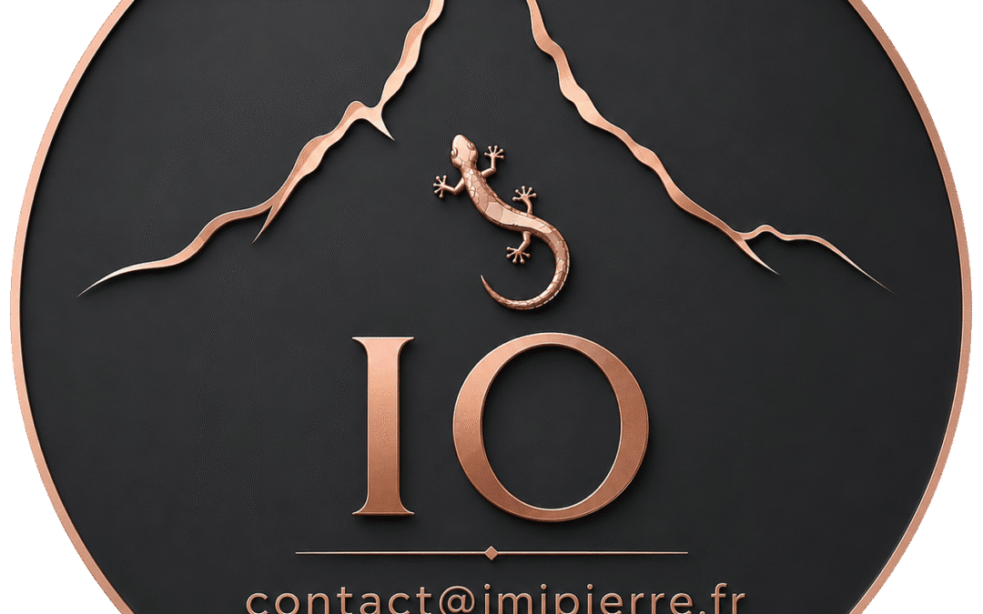 IO est le logo rond simplifié aux couleurs de la société IMIPIERRE et représentant son réseau d'applicateurs agréés on y retrouve le mont Otemanu ainsi que le margouillat