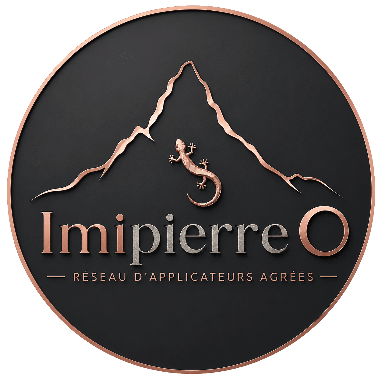 Logo 2026 imipierre O avec le margouillat et le mont Otemanu plus nom réseau écrit le tout aux couleurs graphique imipierre