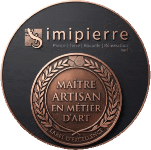 Médaillon de Maître artisan en métier d'art sous le logo imipierre 2026 et ces service. Toujours dans le cercle noir avec liserait rose cuivré