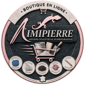 Boutique en ligne d'IMIPIERRE SARL symbolisée par un caddy et notre margouillat rose. Chaque logo représente un onglet de la boutique